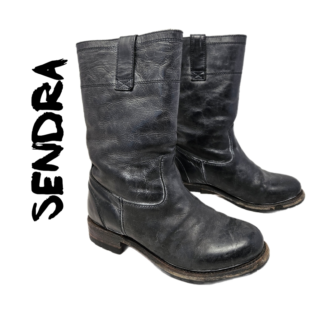 Sendra Women's Mid-calf Black Leather Boots Sz 7 White Washed Pull On Moto Punk